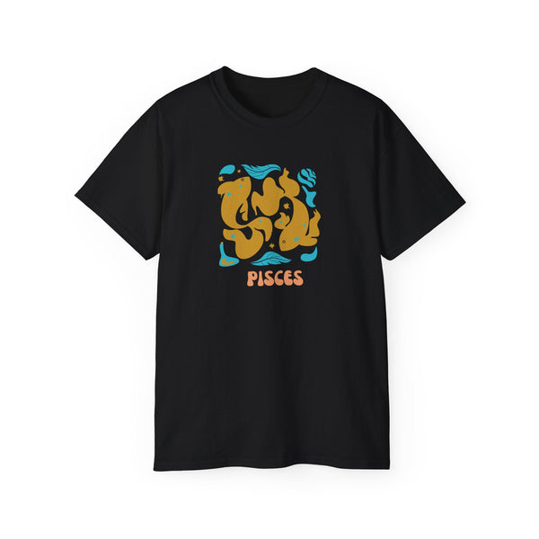 Black Pisces t shirt with artistic orange and blue zodiac graphic for astrology lovers