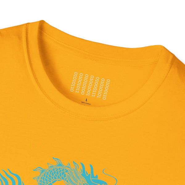 yellow t-shirt with turquoise dragon graphic, unisex softstyle cotton dragon t shirt by Sandra Oles