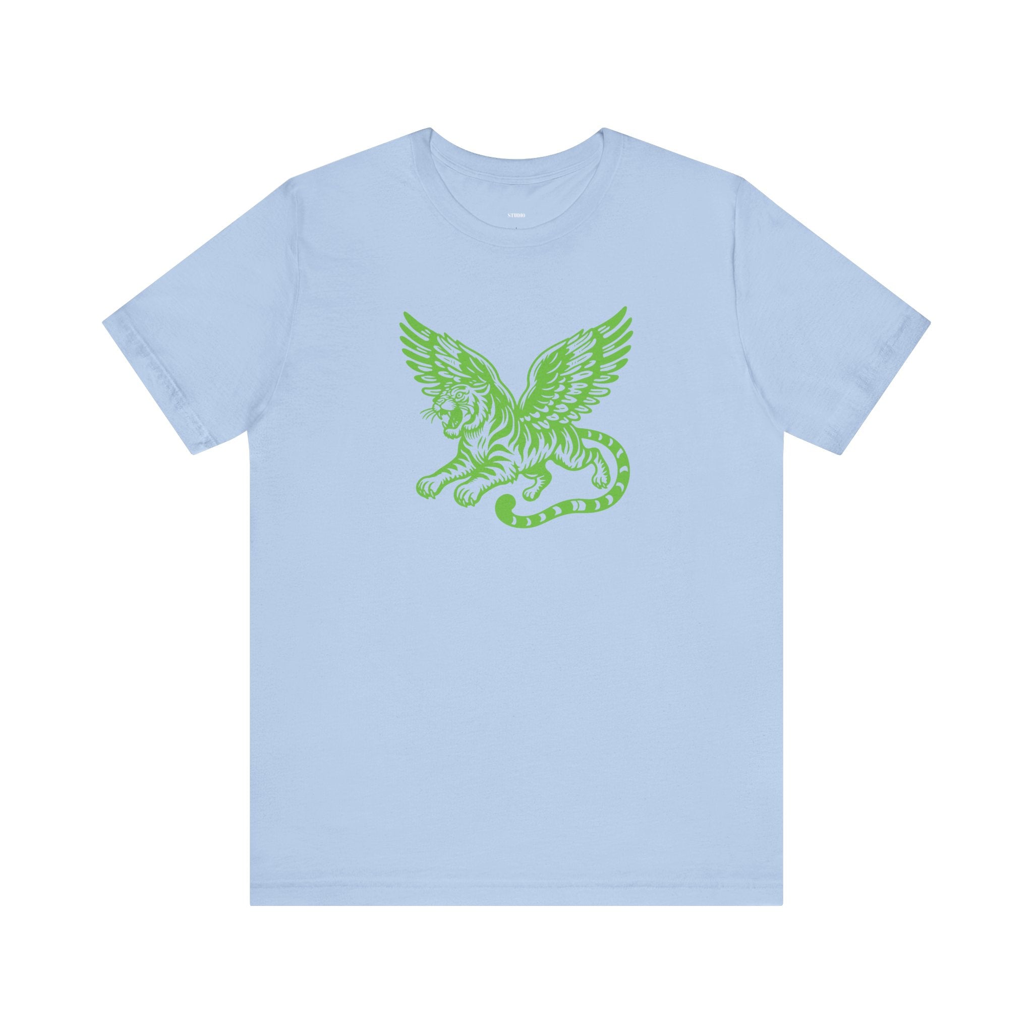 Light blue unisex tee with neon green winged tiger graphic on front, made of soft cotton, casual style