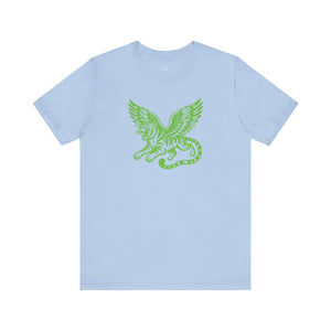 Light blue unisex tee with neon green winged tiger graphic on front, made of soft cotton, casual style