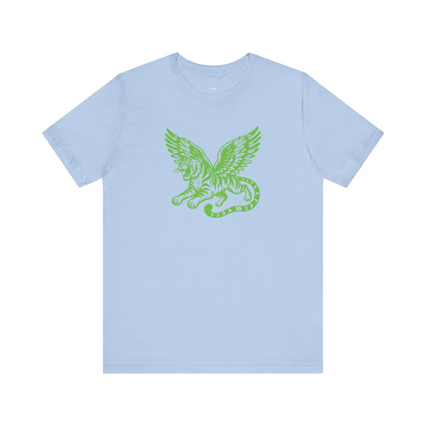 Light blue unisex tee with neon green winged tiger graphic on front, made of soft cotton, casual style