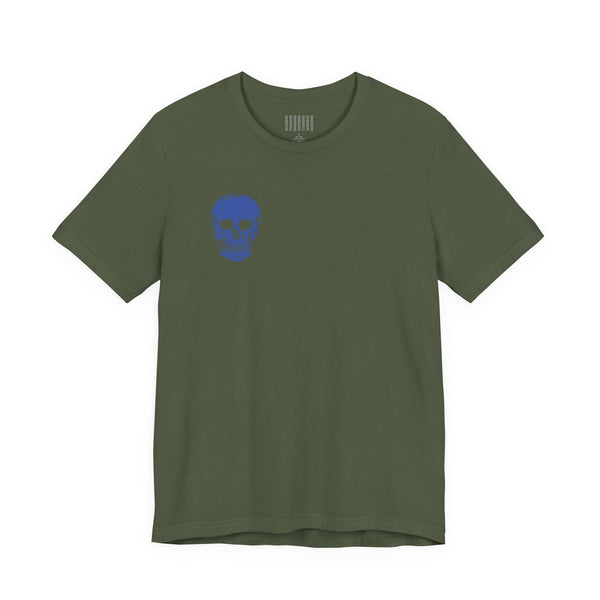 Olive green graphic tee shirts with small blue skull print on front, made of soft cotton.