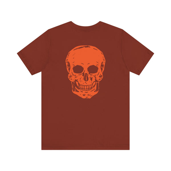 Orange Jumbo Skull Back Print featuring a Mini Orange Skull left Front Graphic Tee