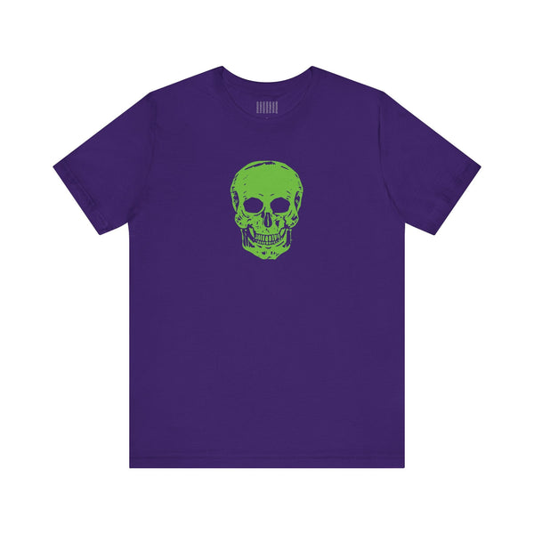 Purple tee with green skull graphic center, skull streetwear style