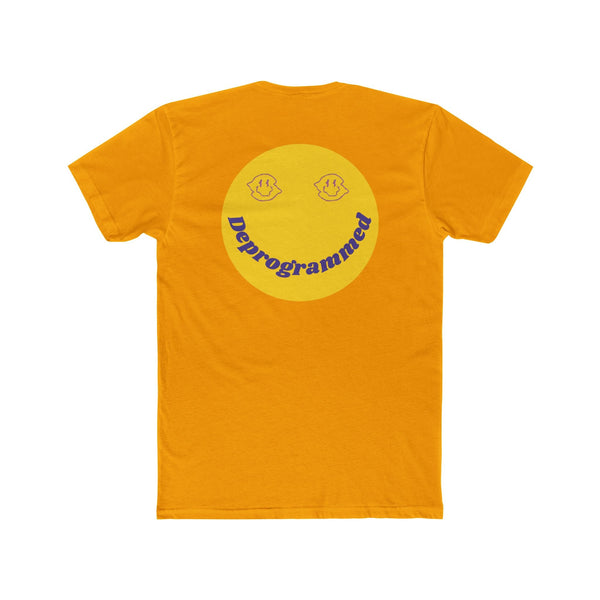 Yellow retro smiley face graphic tee with "Deprogrammed" text on back, 1990's rave style