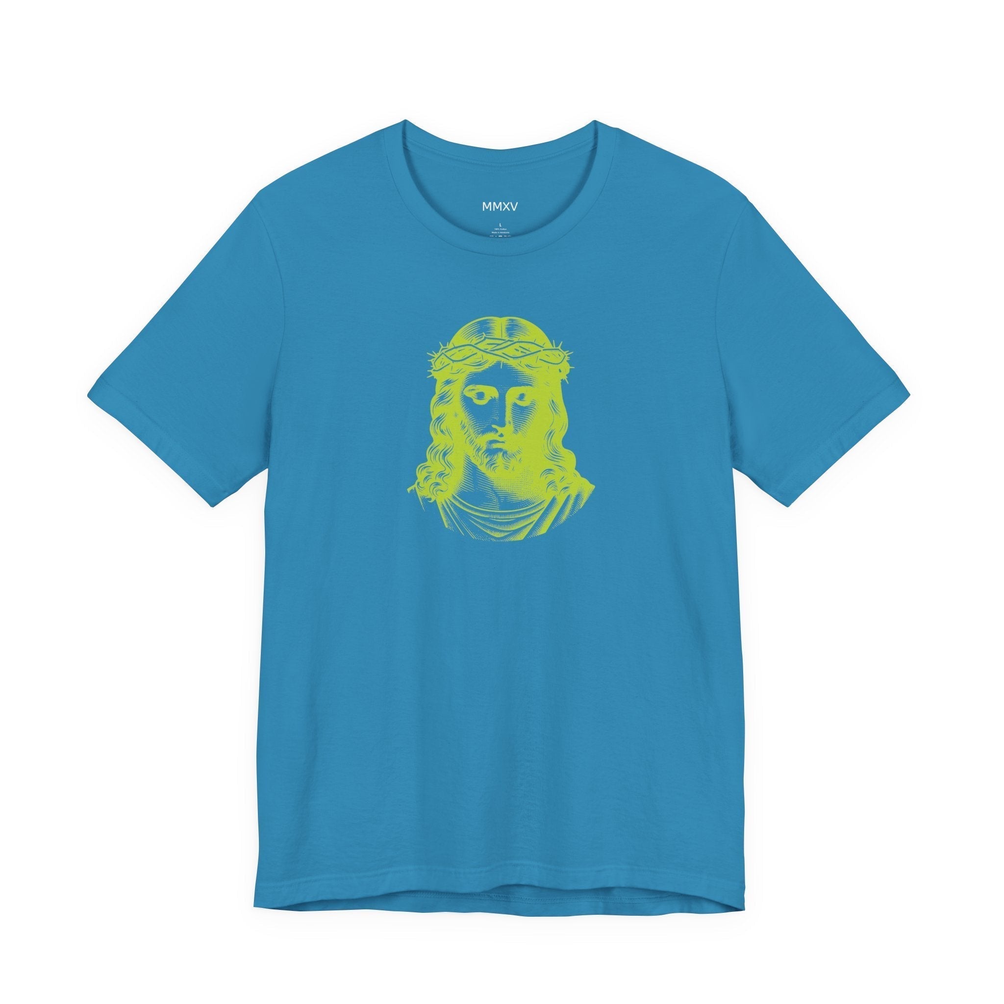 Blue unisex cotton t-shirt with lime green Jesus graphic print on front, Christian faith streetwear design.
