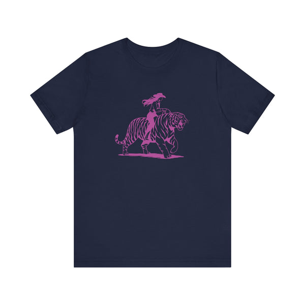 Cowgirl Riding Tiger Front Print Graphic Tee - Retro Style with Humor