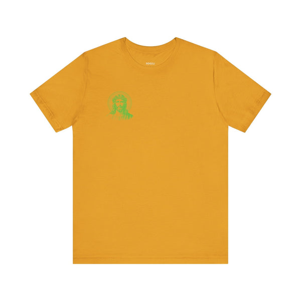 Mustard yellow t-shirt with small green halo Jesus graphic on front left chest, made from soft cotton.