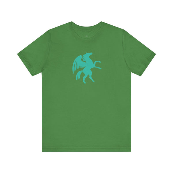 Green t-shirt with turquoise Pegasus graphic from Mythical Series, made from premium breathable cotton.
