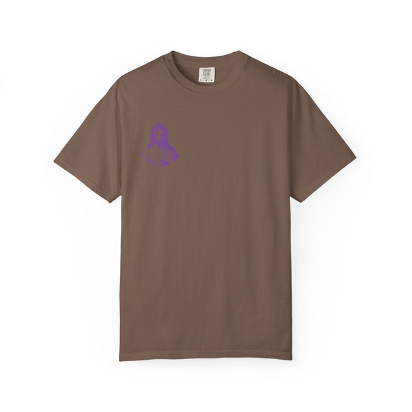 Brown unisex t-shirt with small purple Jesus graphic on left chest, Christian streetwear style faith-based fashion tee