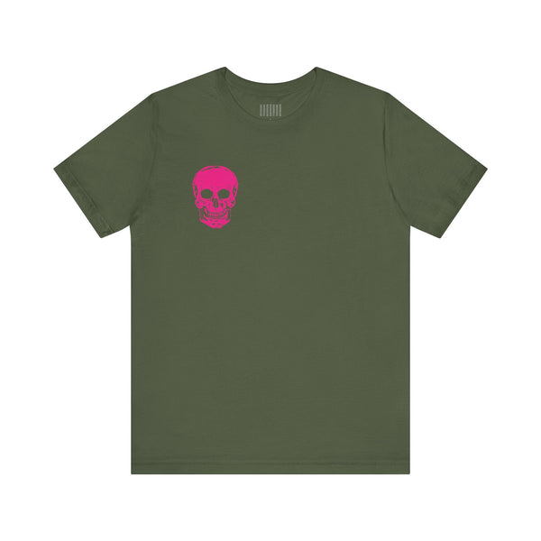 Army green tee with a bold pink skull print on the left chest, punk rock style, made from 100% cotton.