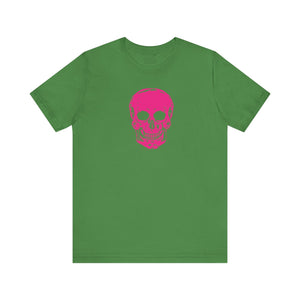 Green unisex jersey t-shirt with a vibrant pink skull design on the front