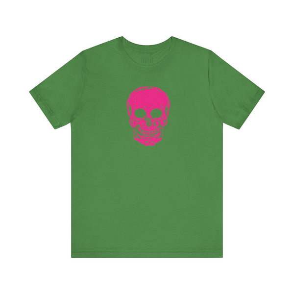 Green unisex jersey t-shirt with a vibrant pink skull design on the front