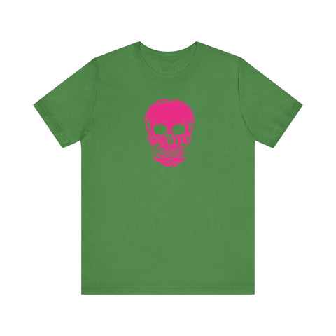 Green unisex jersey t-shirt with a vibrant pink skull design on the front