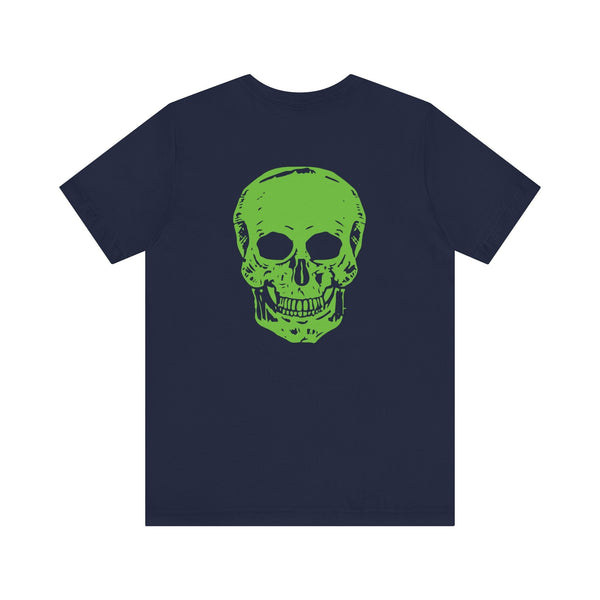 Green Jumbo Skull Back Print with Green Mini Skull Left Front Graphic Tee - Fugitive by Sandra Oles