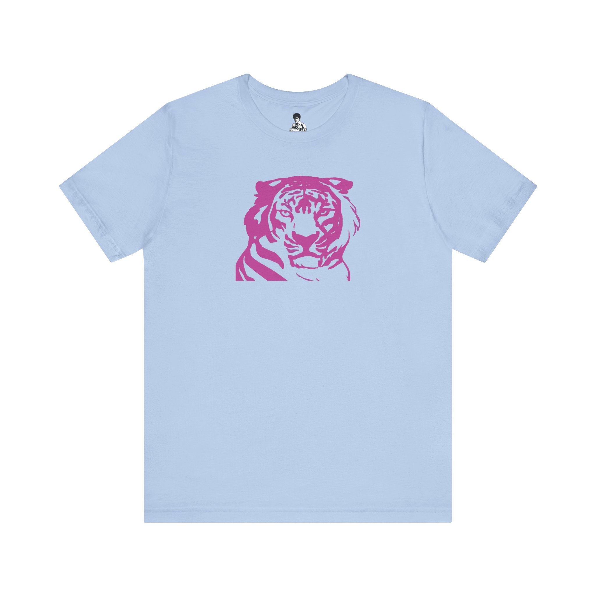 Light blue retro 70s style tee with bold pink tiger graphic on front, unisex cotton short sleeve shirt