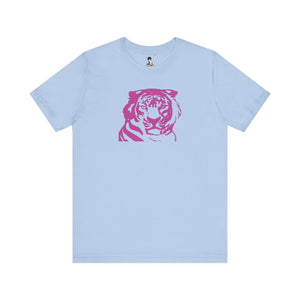 Light blue retro 70s style tee with bold pink tiger graphic on front, unisex cotton short sleeve shirt