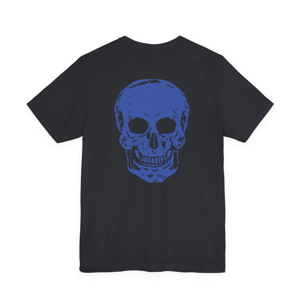 Black graphic tee with large blue skull print on back and smaller blue skull on front, made of soft cotton.