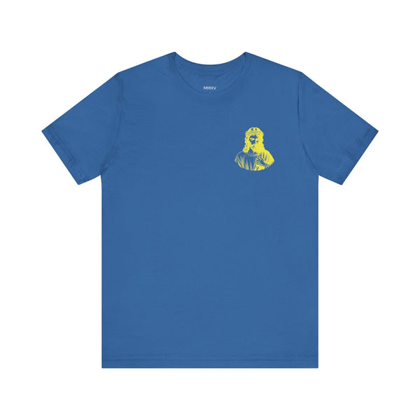 Blue unisex Jesus t shirt with yellow mini Jesus in crown of thorns graphic on front left side
