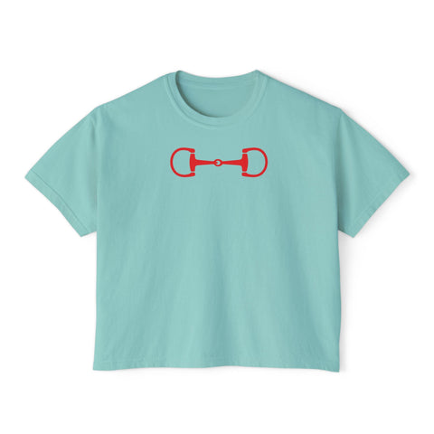 Light blue cropped preppy shirt with bold red horse bit graphic and boxy fit