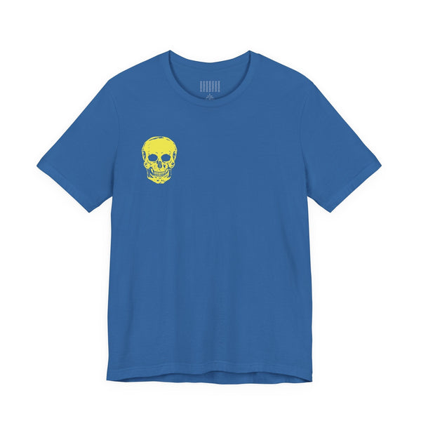 Blue unisex t-shirt with a small yellow skull graphic on the front and a large skull design on the back.