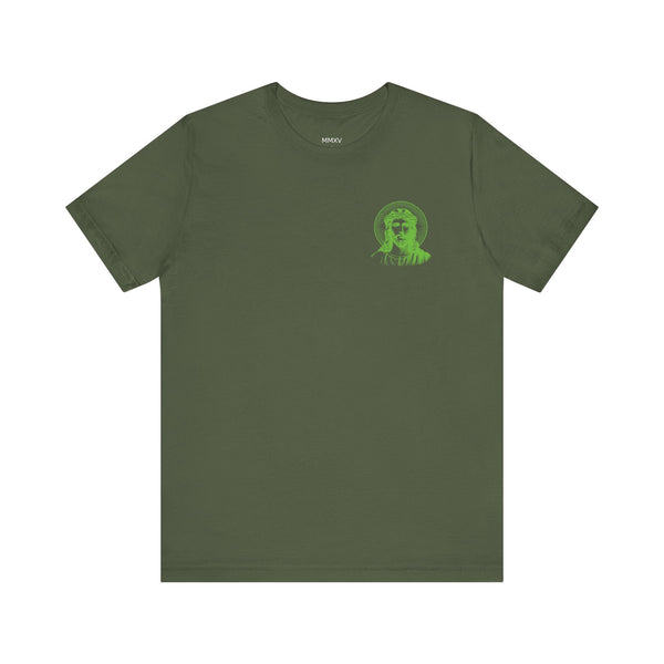 Green t-shirt with mini neon green Jesus graphic and halo on left chest, casual unisex cotton tee
