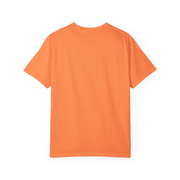 Orange unisex religious graphic tee with yellow Jesus crown of thorns print, garment-dyed cotton fabric.
