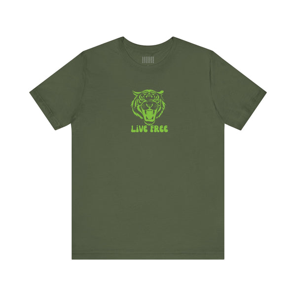 Green mid-scale retro tiger graphic tee with "Live Free" text, unisex streetwear shirt