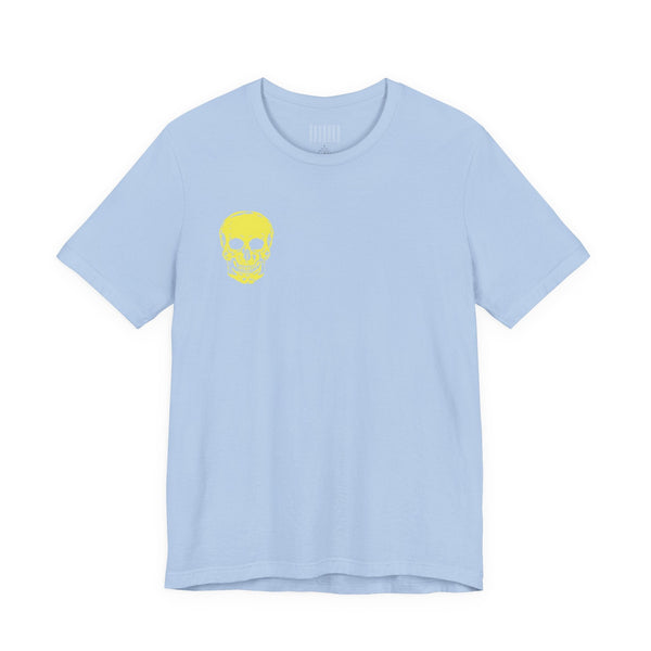 Light blue underground style skull t-shirt with mini yellow skull print on front