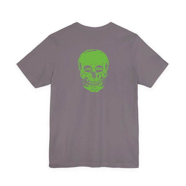 Gray streetwear t-shirt with bold green "Live Free" skull graphic on the back