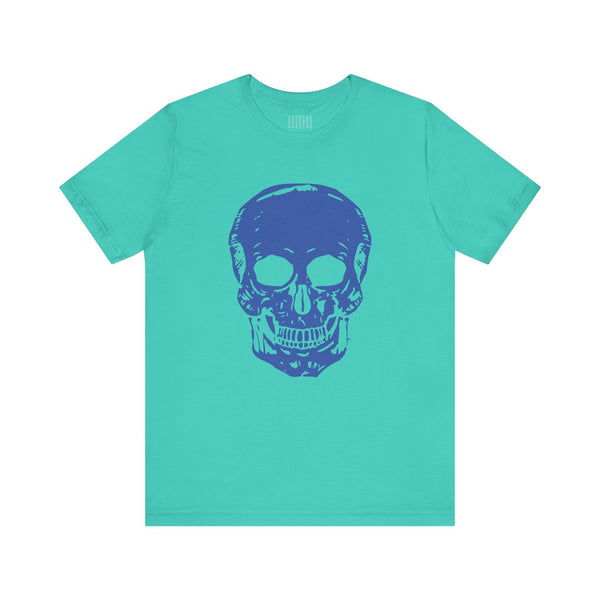 Blue graphic t-shirt with large blue skull print on front, made of soft breathable cotton.