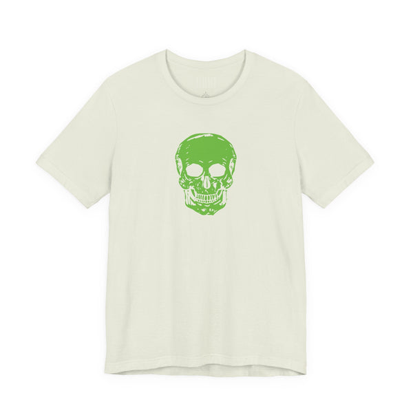 Green mid-scale skull graphic tee in lightweight cotton, perfect skull streetwear for casual and edgy looks.