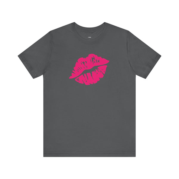 gray unisex t-shirt with neon pink lip print graphic front design