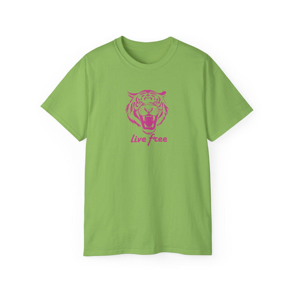 Green "Live Free" statement tee with pink roaring tiger graphic and slogan