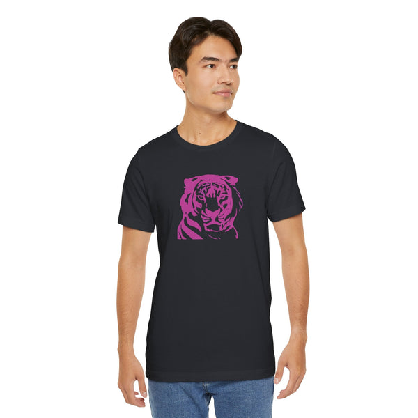 Man wearing black 70s style retro t-shirt with pink tiger graphic on front