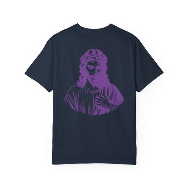 Navy tee with large purple Jesus graphic on the back and small purple Jesus graphic on front left chest, streetwear style by Sandra Oles.