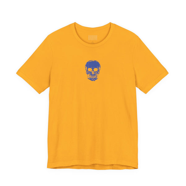 yellow graphic t shirt with small blue skull design on chest unisex cotton tee