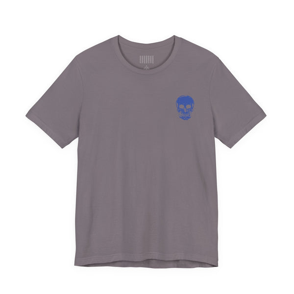gray unisex rocker tee with small blue skull graphic on front left chest