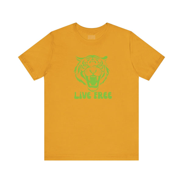 Mustard yellow t-shirt with a bold green tiger graphic and "LIVE FREE" text, made from 100% lightweight cotton, streetwear style.