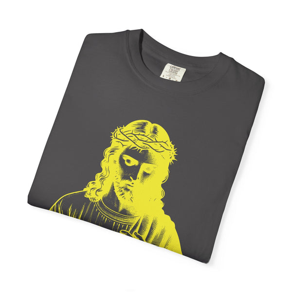 Folded dark gray t-shirt with a yellow Jesus crown of thorns graphic, religious graphic tee design
