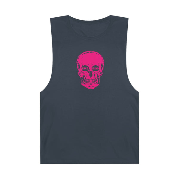 Dark sleeveless subculture muscle tee with bold midscale pink skull graphic and raw sleeve edges