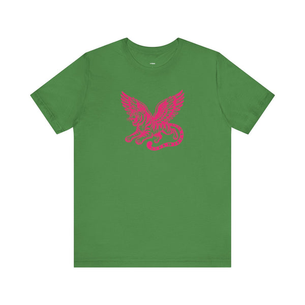 Green T-shirt with a pink winged lion mythical graphic for streetwear style
