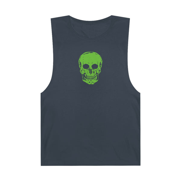 Black goth skull tank top with green skull graphic for alternative streetwear
