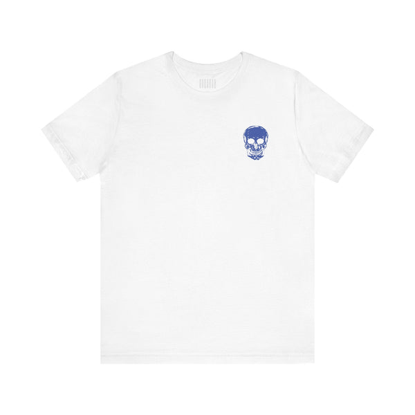 white unisex rocker tee with small blue skull graphic on front left side