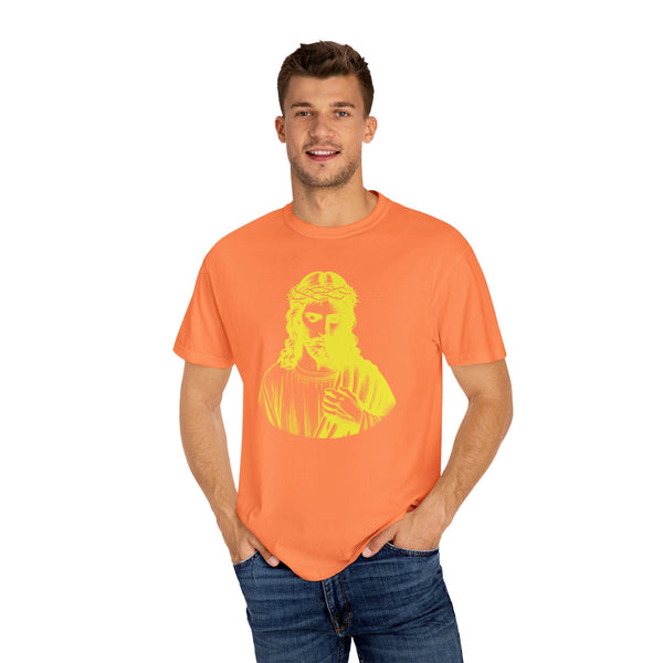 Unisex orange tee with yellow Jesus Crown of Thorns graphic, religious graphic tee, casual fit, 100% cotton
