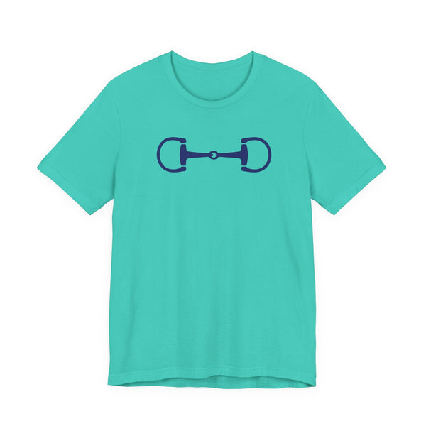 Navy blue horse bit graphic on turquoise stylish equestrian casual cotton tee shirt