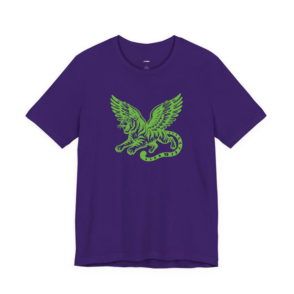 Purple unisex t-shirt with neon green winged tiger graphic print