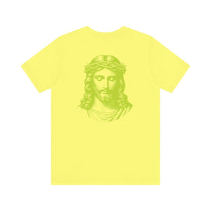 Lime green Jesus t-shirt with jumbo back print and mini front graphic by Iconic Sandra Oles
