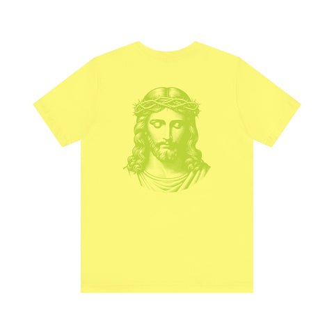 Lime green Jesus t-shirt with jumbo back print and mini front graphic by Iconic Sandra Oles