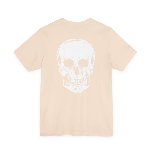 Beige skull graphic tee with oversized white skull print on the back